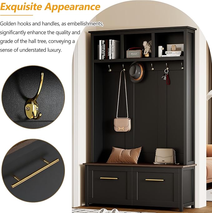 Merax 4-in-1 Hall Tree with Bench, Modern Versatile Multiple Storage Space with 6 Golden Hooks, 2 Drawers, Entryway Coat Rack for Living Room, Hallway, Black