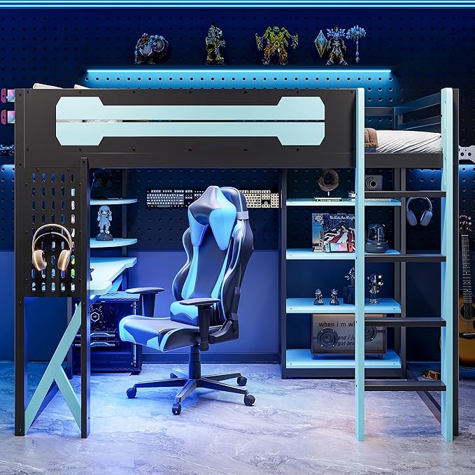 MERITLINE Ultimate Gaming & Study Loft Bed: Full Size Wood Frame with Integrated Desk, RGB Lights, Charging Station, Bookshelf & Pegboard (Black+Blue)