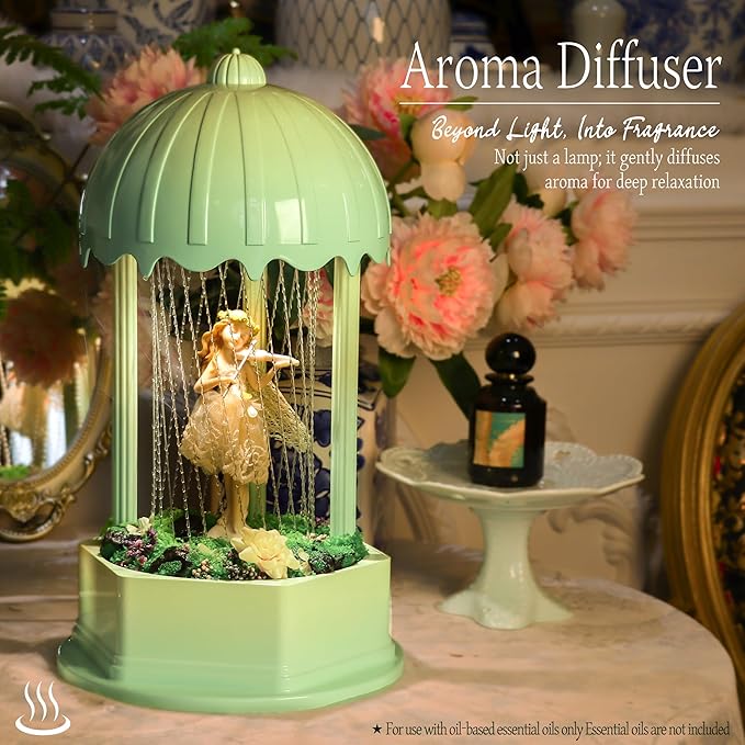 Forest Series Flower Fairy Oil Rain Lamp - Gradient Green Fairycore Decor, Resin Statue with Yarn-Knitting Craft, Sensory Mood Light & Aroma Diffuser (Complete Set)