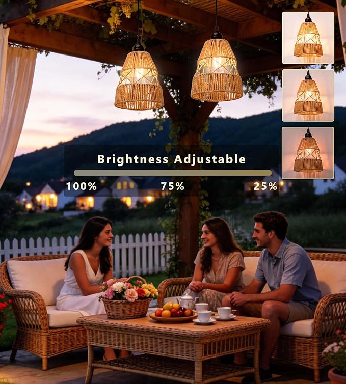 Battery Operated Chandelier Outdoor Waterproof, 2 Pack Hanging Pendant Light with Remote Control for Gazebo, Pergola, Porch, Balcony, Shed, Patio, Garden Decor