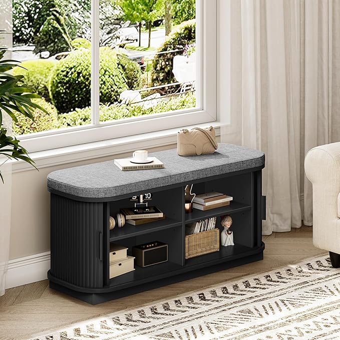 Shoe Storage Bench, Entryway Bench with Storage, Shoe Bench with Cushion and Sliding Door, Fluted Storage Bench, Entry Bench for Entryway, Hallway, Living Room, Bedroom, Black and Gray MHX02BB