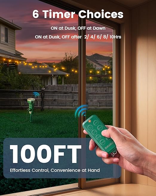 SURAIELEC Outdoor Power Stake Timer Waterproof, 100FT Wireless Remote Control, Dusk to Dawn Timer, 6 Grounded Plug Outlets, Power Strip for Christmas Lights, Garden, Patio, Outdoor Lights, 6FT