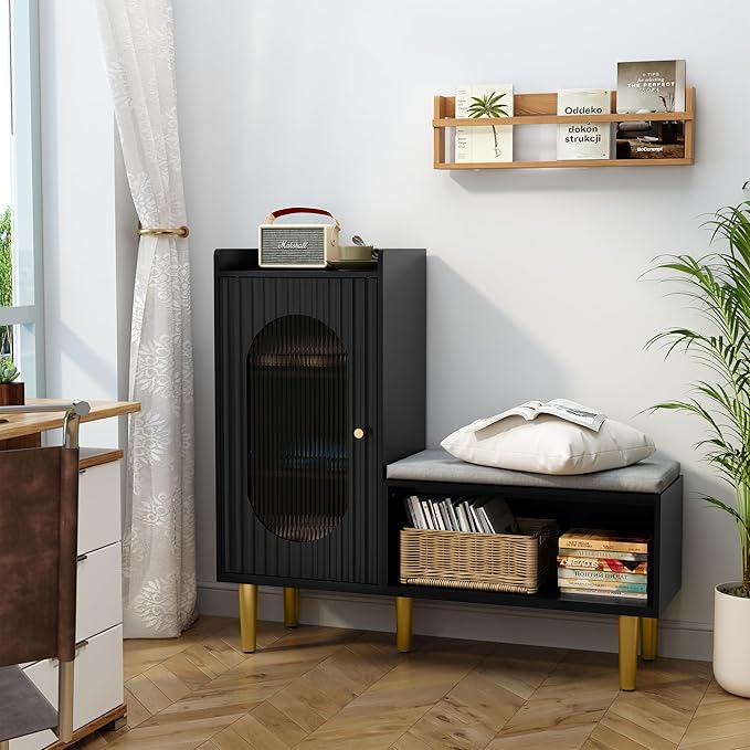 HLR Storage Bench with Glass Door&Shelf, Modern Entryway Shoe Cabinet Bench with Padded Seat, L-Shaped Storage Cabinet for Hallway, Bedroom, Living Room, Office, Black