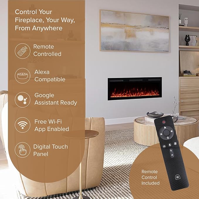 Modern Ember Vibrance 50 Inch Smart Linear Electric Fireplace Insert - Recessed or Wall-Mount, LED Multi-Flame Colors, Alexa/WiFi Enabled - Remote Included - Crystals