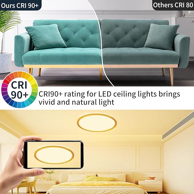 MOONSEA 20 Inch Flush Mount LED Ceiling Light Fixture 42W, 4200LM Dimmable 3000K/4000K/6500K 3 Color Selectable, Low Profile Ceiling Lamp for Kitchen Bedroom Hallway, Gold
