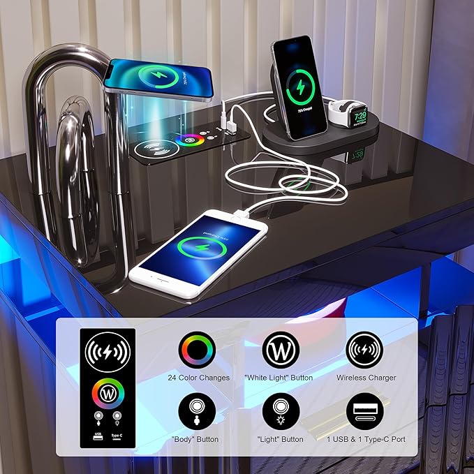 HNEBC LED Nightstand,Black Nightstand with Charging Station-USB+Type-C+Wireless Charging,Smart Bedside Table has Auto Sensor, High Gloss Night Stand with 3 Drawers for Bedroom
