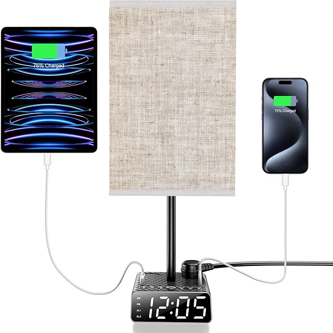 Touch Control Nightstand Light,Bedside Lamp with Alarm Clock&Charging Station - 2 Alarm Clock+ 2AC + 1USB-A + 1USB-C,Lamps with USB Ports and Outlets,3-Level Dimmable Touch Lamp