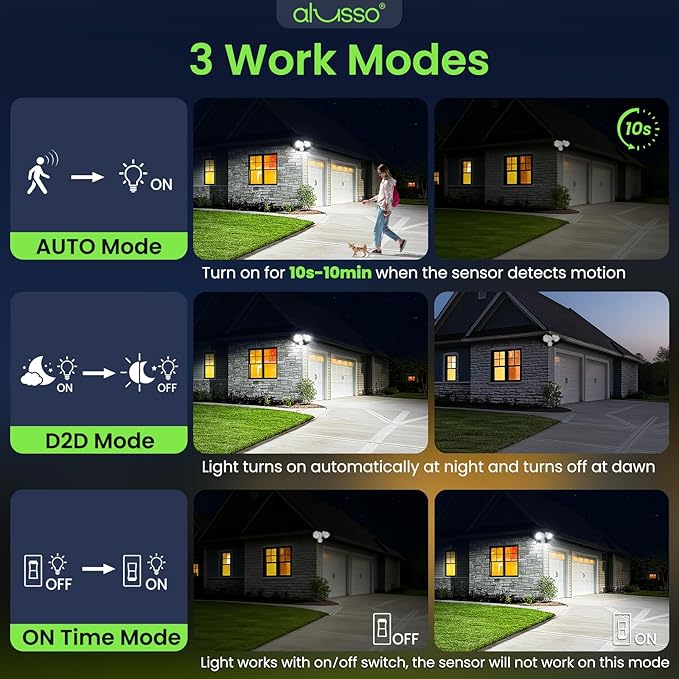 ALUSSO Motion Sensor Outdoor Lights, 30W 3500LM Flood Lights Outdoor 120V, 3 Modes (Dusk to Dawn/Auto/On Time), 3CCT 3000K/4000K/6500K Waterproof Hardwired ETL Listed, Porch Flood Light, White 1PC