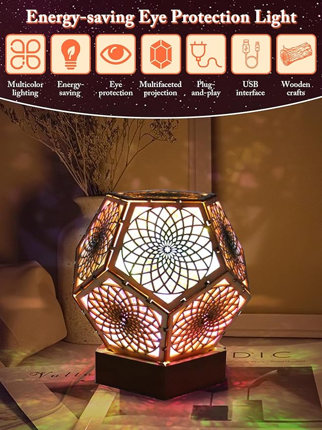 Starlight Projector Lamp,Boho Ambient Lighting Infinity Dodecahedron Art Night Light, Wooden Colorful LED Lights for Bedroom Vintage Room Decor Aesthetic Unique Gifts (Pentagonal)