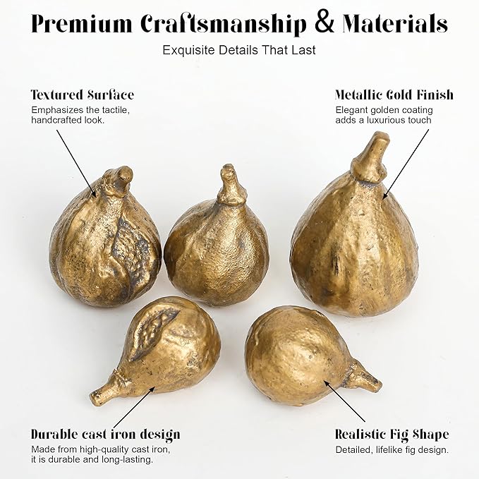 Handcrafted Cast Iron Fig Shaped Home Décor Set of 5 - Vintage Gold-Finished Tabletop Sculptures for Living Room, Office, and Shelf Display, Unique Art Sculptures for Modern and Rustic Home Interiors