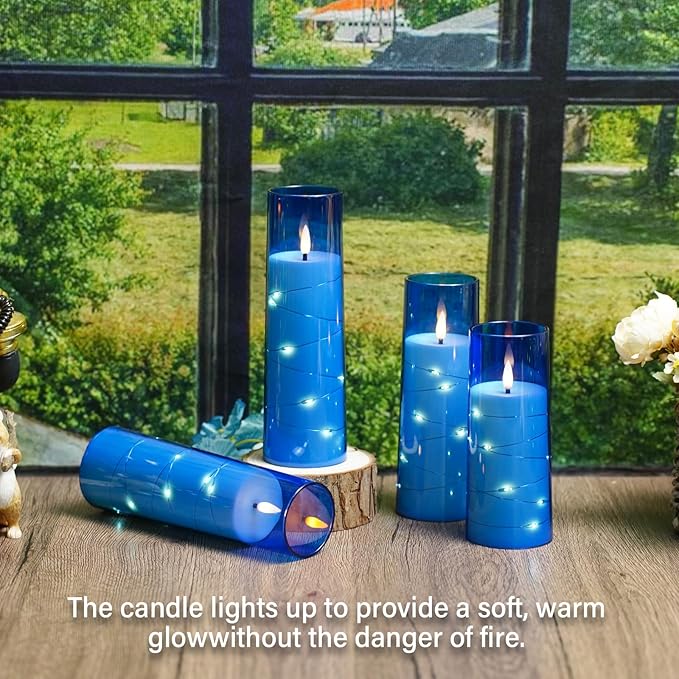 Flameless Candles with Embedded Star String - Battery Operated LED Candles, with Remote,12 Blue Flickering Candles for Christmas, Weddings, Home Decor & Party,(D 2.3"×H 5" 6" 7")