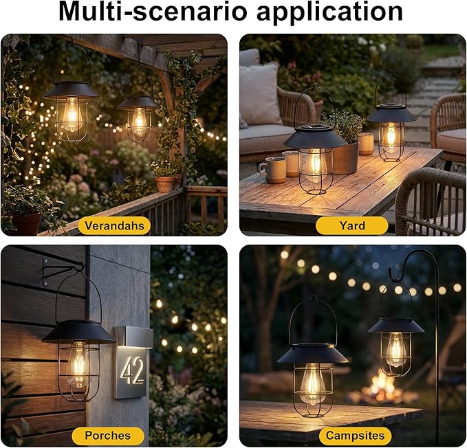 Livinlarge Solar Lanterns Outdoor Waterproof,Hanging Solar Lights for Outside with Wall Hooks Windproof Hook,Retro Metal Outdoor Lanterns Auto On/Off for Porch,Patio,Garden,Yard Decor 2 Pack（Black）