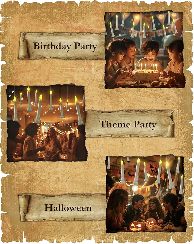Amagic Batteries Included Floating Candles with Wand Remote, 12pcs Flickering Warm Light Flameless Taper Candles, Magic Hanging Candles with Base for Birthday Party, Halloween Decorations
