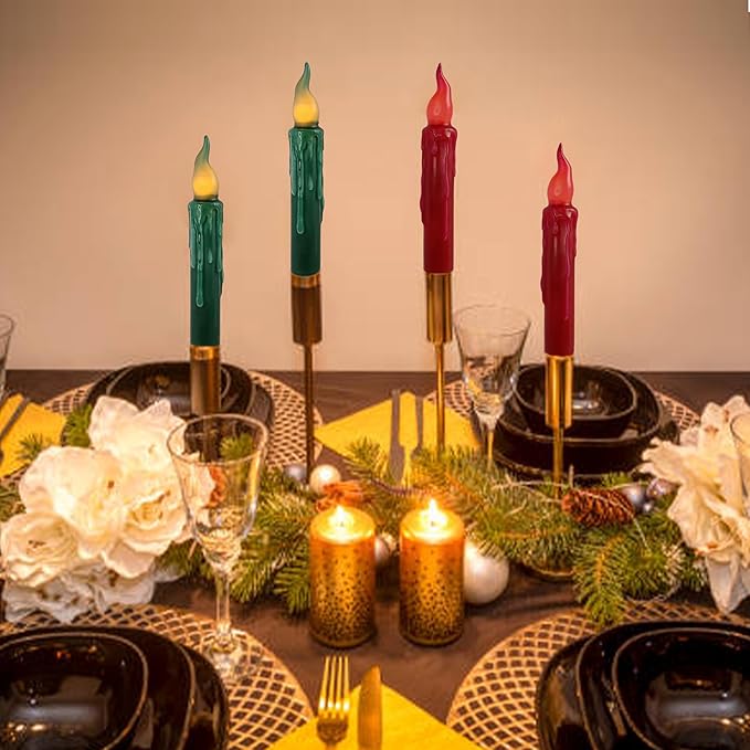 Christmas Red Green Flameless Short Taper Candles, Real Wax Hand Dipped LED Battery Operated with Remote, Flickering Flame Lights for Home Décor, 6.7 Inch Primitive Flameless Candles, 2PCS
