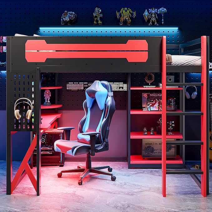 MERITLINE Ultimate Gaming & Study Loft Bed: Full Size Wood Frame with Integrated Desk, RGB Lights, Charging Station, Bookshelf & Pegboard (Black+Red)
