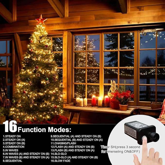 LAMPHOME 165ft Christmas Decorative Mini Lights, 500 LED Transparent Wire Fairy Starry String Lights Plug in, 16Lighting Modes for Indoor Outdoor Xmas Tree Wedding Party Decoration (Warm White)