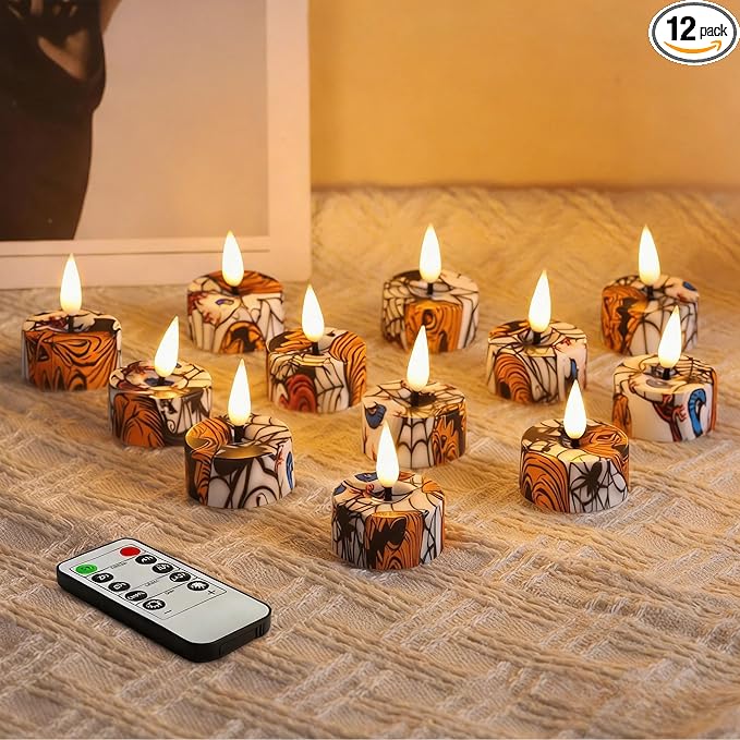 Eywamage Flameless LED Tealights with Remote Set of 12, Cool Pattern Battery Tea Votive Candles Holiday Gift
