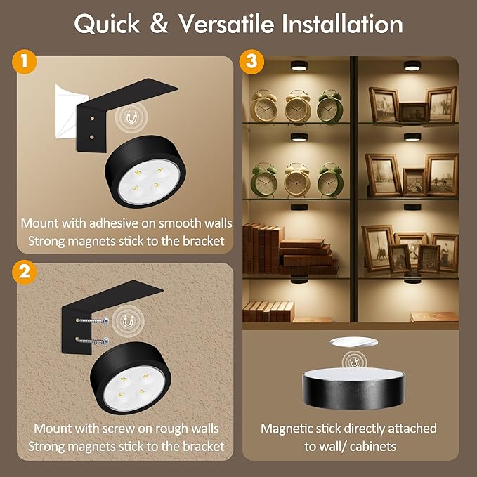 3-Pack Picture Lights for Wall, Rechargeable Battery Operated LED Painting Light with Remote Control Dimmable & Timer, 3 CCT Magnetic Art Display Lighting, Wireless Wall Decor Puck Light, Black