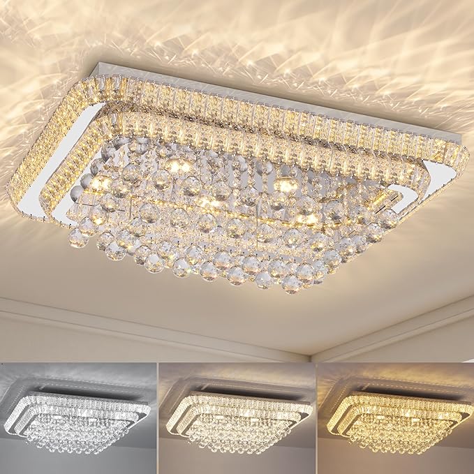 32 inch Crystal Flush Mount Chandelier, Modern Raindrop Crystal Silver Chandeliers with Remote and APP, 3 Colors Temp & Brightness Adjustable, Ceiling Light for Bedroom Hallway DiningRoom Living Room