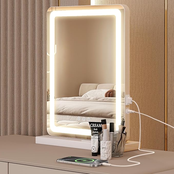 Sweetcrispy 18"x13" LED Vanity Mirror with Lights, Small Smart Makeup Mirror with Touch Control, Dimmable Lighting