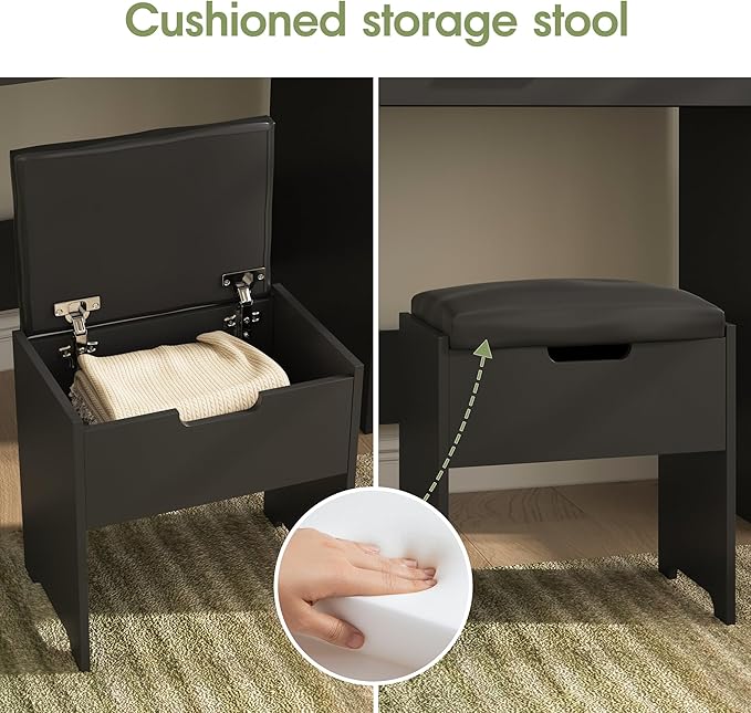 Vabches Small Vanity Desk with Mirror and Lights, Makeup Vanity with Storage Chair & Power Strip,Girl Dressing Table Set with Drawer for Bedroom,3 Lighting Modes,Brightness Adjustable,Black
