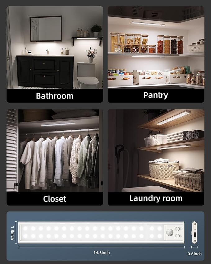14.5inch Under Cabinet Lights, Wireless Closet Light, Motion Sensor, 3500mAh Rechargeable Battery, Magnetic, 3 Color Temps, 5 Levels Dimmable, Under Counter Lights for Kitchen (2 Pack)