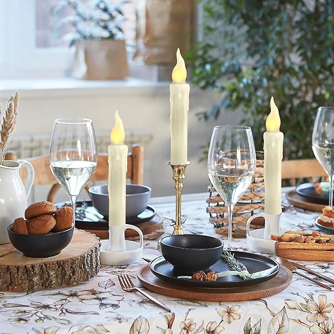 Ivory White Flameless Short Taper Candles, Real Wax Hand Dipped LED Battery Operated with Remote, Flickering Flame Lights for Festival Home Décor, 6.7 Inch Primitive Flameless Candles, 4PCS