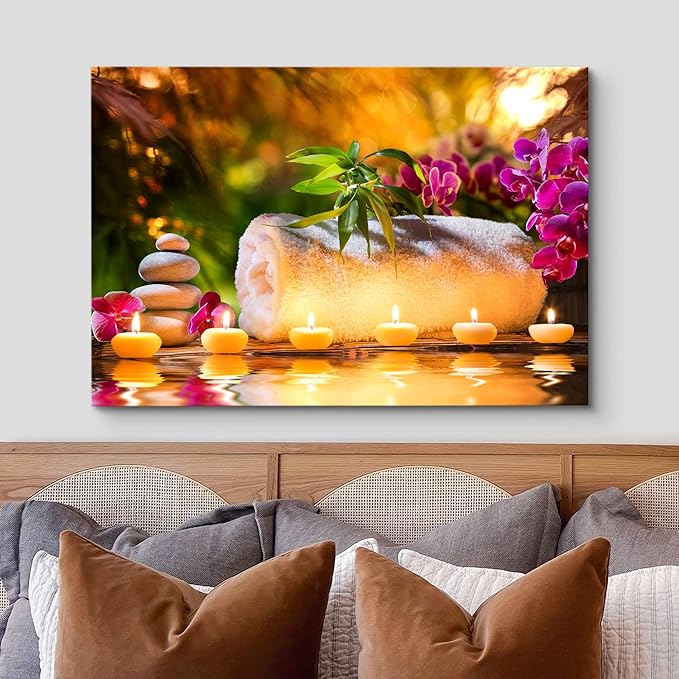 wall26 Canvas Print Wall Art Sunset Yoga Meditation Bath Towel Candle Orchids Nature Wilderness Photography Realism Rustic Landscape Colorful Multicolor for Living Room, Bedroom, Office - 12"x18"