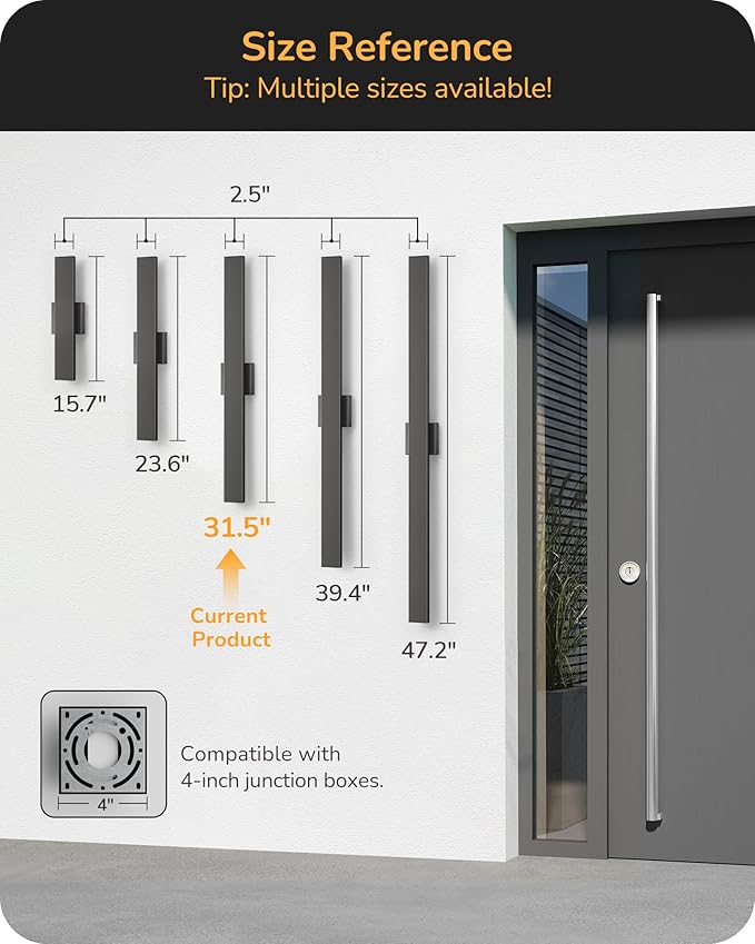 EDISHINE 31in LED Outdoor Wall Lights, 3CCT & 10%-100% Dimmable, IP65 Waterproof, Modern Exterior Lighting Fixtures, Long Exterior Wall Lights for Garage, Front Door, 2 Pack, Black