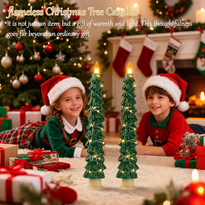 2-Pack Christmas Tree Flameless LED Candles with String Lights, Realistic 3D Flickering Flame, Remote Control, Battery-Operated Christmas Decorations for Home & Holiday Display