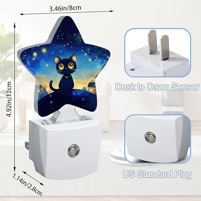 Cat Black Cute Nightlight,Dark Starry Night Star Night Lights Plug into Wall Decorations for Bedroom Bathroom,Dusk to Dawn Sensor Kitchen Hallway Stairs Energy Efficient Desk Lamp