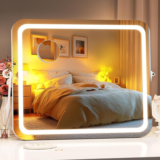 Hasipu Vanity Mirror with Lights, 15" x 13" LED Makeup Mirror, 3 Modes Light, Smart Touch Control Dimmable, 360°Rotation, Rectangle White Frame, with 5X Magnifying Glass