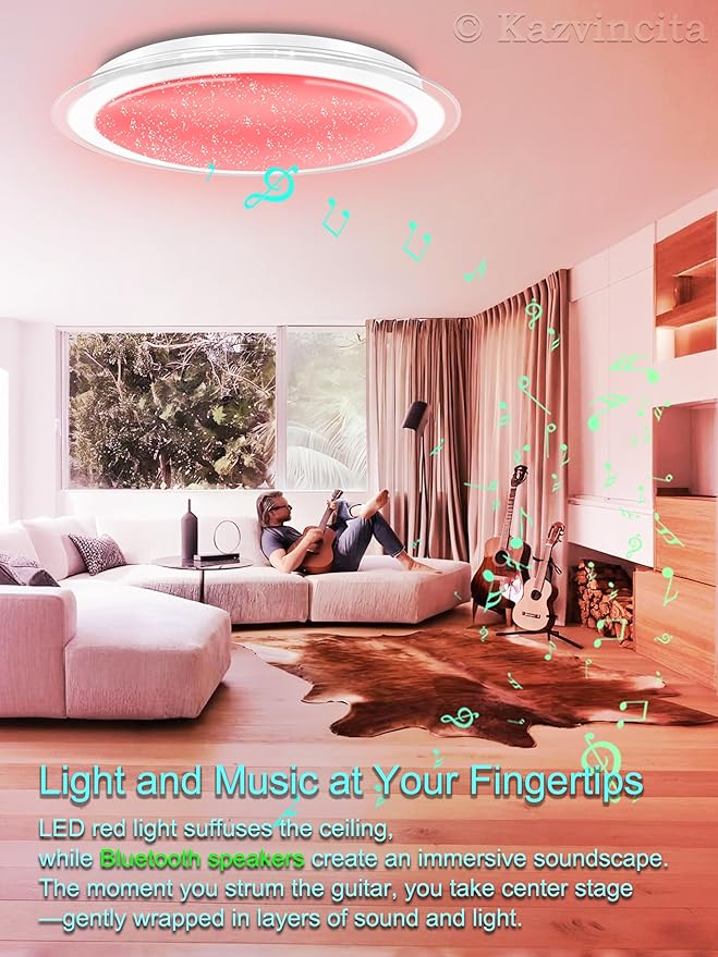 Dimmable Round LED Ceiling Light Flush Mount 17 Inch 50W Built-in Bluetooth Speaker Modern Lighting Fixtures RGB Ambient Ceiling Lamp Suitable for Bedrooms Kitchen Kids' Rooms and More