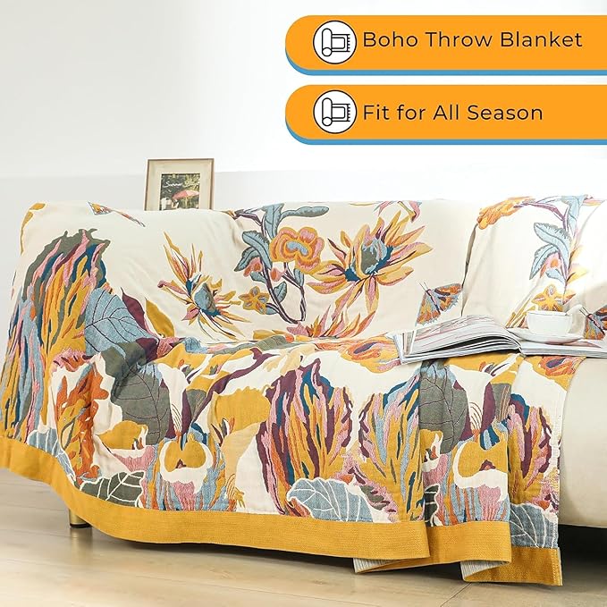 Boho Throw Blanket,Organic Cotton Ultra Soft Muslin Throw for Couch and Bed 50" x 60", Sofa Cover for Living Room Cozy Blankets,All Season Rustic Reversible Vintage Throw - Yellow