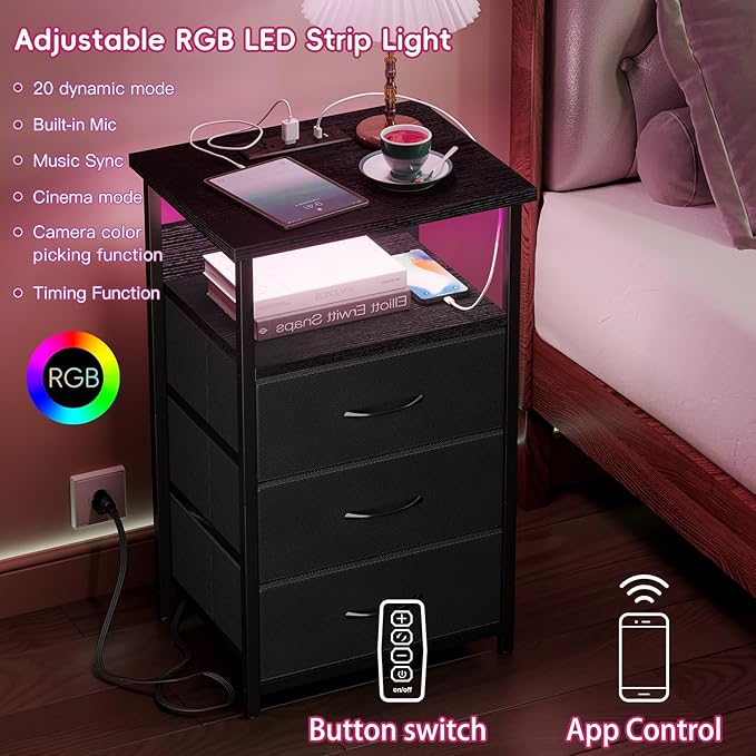 Fixwal Night Stand with 3 Fabric Storage Drawers, LED Nightstand with Charging Station, Bedside Table, Black