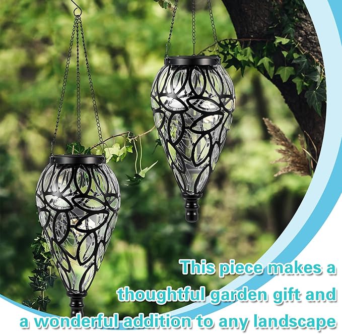 2 Set Solar Hanging Lantern Lights Outdoor Chandelier Moroccan Hanging Solar Light Tear-Shaped 15 LEDs Cool White with S Hooks for Summer Garden Yard Pathway Landscape Porch Decor(Multi-Color)