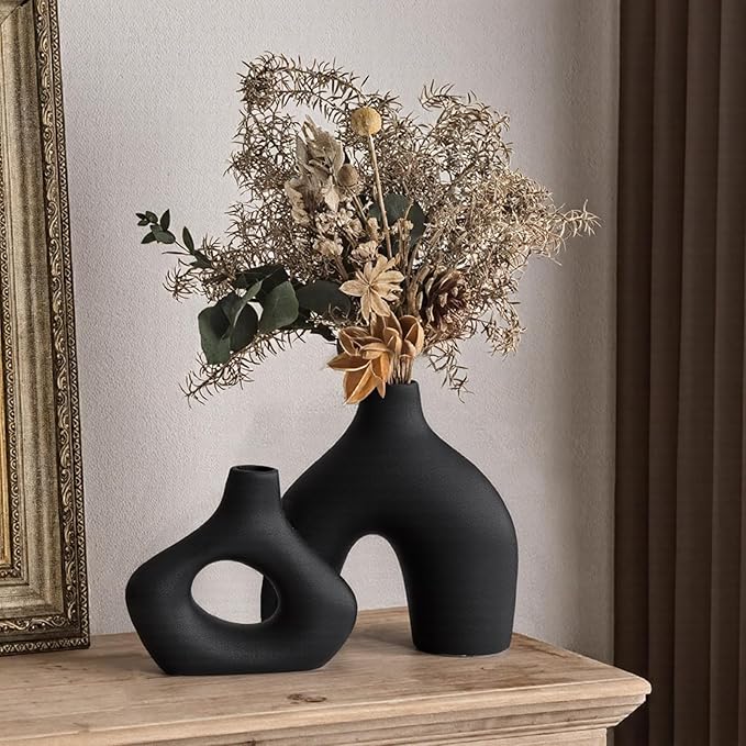 Modern Black Ceramic Vase Set of 2, Durable Donut Vases for Pampas Grass, Minimalist Industrial Boho Decorative Vases for Home Decor, Living Room, Farmhouse, Dining Table, Countertops, Shelf