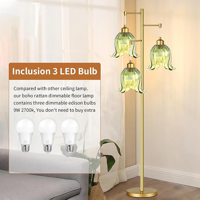 Gold Floor Lamp for Living Room,Bedroom,Tree 3 Light Standing Lamp Mid Century Modern Brass Tall Floor Lamps Vintage Retro Floor Lights Green Glass Flower Lamp Shade Farmhouse Boho Bohemian