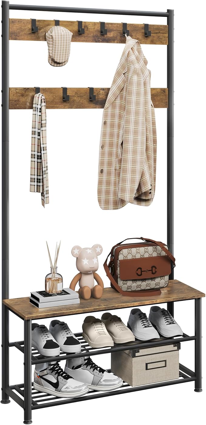 Yaheetech 3-in-1 Hall Tree, Coat Rack Shoe Bench with 11 Removable Hooks and Storage Metal Shelves, Industrial Entryway Storage Bench, Easy Assembly, 33.5× 13.5× 73 Inches, Rustic Brown