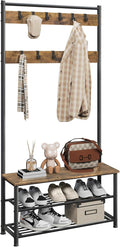 Yaheetech 3-in-1 Hall Tree, Coat Rack Shoe Bench with 11 Removable Hooks and Storage Metal Shelves, Industrial Entryway Storage Bench, Easy Assembly, 33.5× 13.5× 73 Inches, Rustic Brown