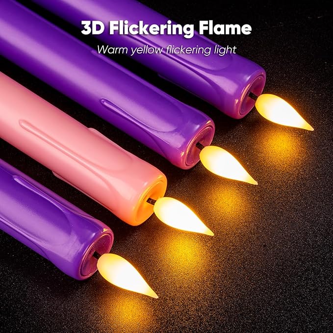 Homemory Flameless Advent Candles, Set of 4, Battery-Operated Flickering LED Candlesticks, Flameless Taper Candles with Remote Timer - 3 Purple, 1 Pink for Christmas Wreath