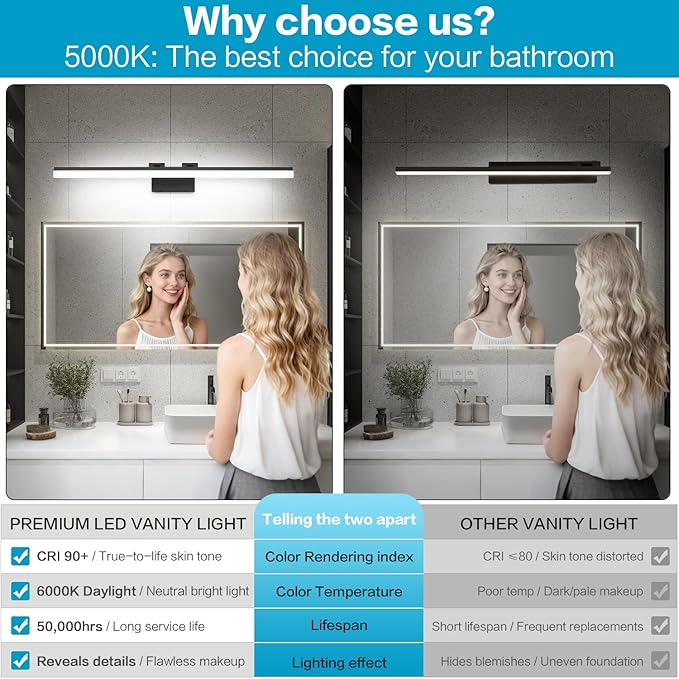 SOLFART Dimmable Matt Black Bathroom Vanity Light Light Fixtures for Bath 39.4 Inch 5 Color Temperature LED Light Above Mirror Bathroom Vanity Lights Over Mirror 5CCT