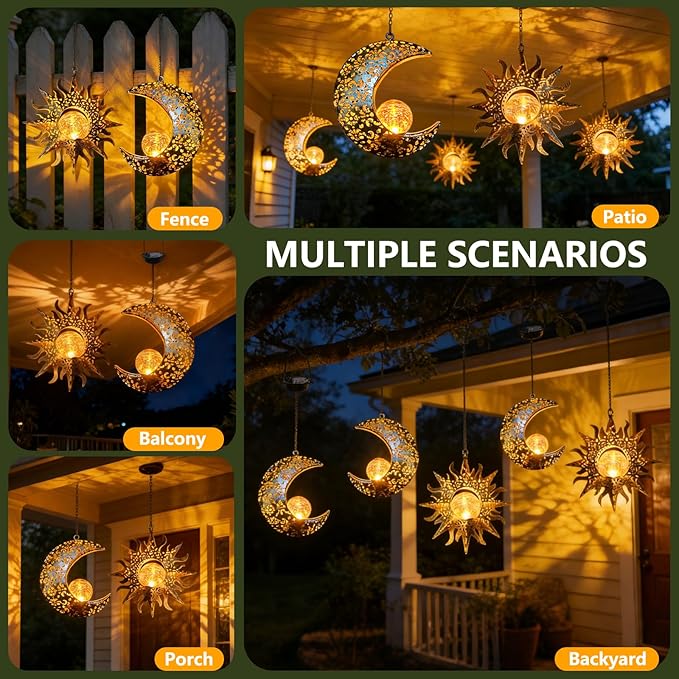 Solar Hanging Sun and Moon Lights Garden Outside Decor,2 Pack Metal Lanterns Outdoor Sunflower Art Decorations for Porch Backyard Patio Wall Tree,Unique Gardening Gifts for Women Mom Grandma
