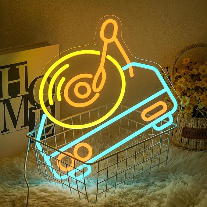 Vintage Record Player Neon Sign for Wall Decor, Colorful Music Record Neon Light,Dimmable Music LED Light Up Sign for Bar, Party Wall Art