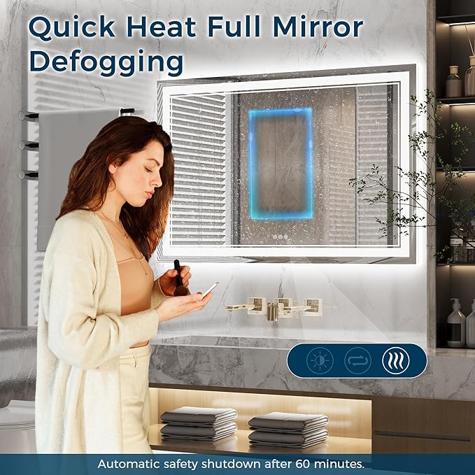 48"x32" LED Bathroom Mirror, Front Smart Mirror, LED Mirror for Bathroom with 3 Colors, Vanity Mirror with Lights, Anti-Fog Wall Mounted, Dimmable Touch Switch Control, Memory