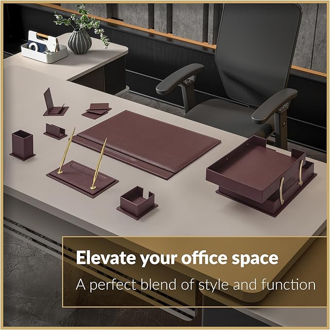 MOOGCO 12-Piece Leather Desk Set — Desk Pad 23.2" x 15.4", Double Document Tray, Pen Holder — Desk Organizer Set for Home Office & Executive Desk Accessories