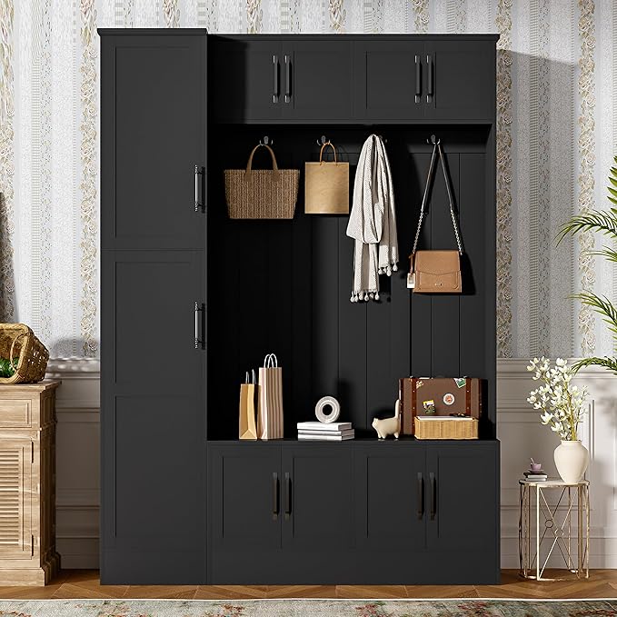 79'' Tall Modern Hall Tree with Shoe Storage and 4 Coat Hooks, 4-in-1 Entryway Bench with 6 Cabinets and Adjustable Shelf for Hallway, Living Room (Black/33f)