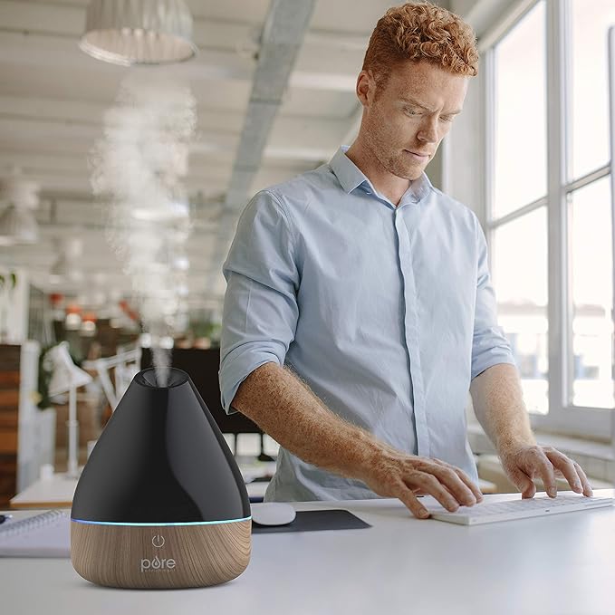 Pure Enrichment PureSpa Natural Aromatherapy Oil Diffuser (Black) - Ultrasonic Air Deodorizer with 200ml Water Tank, Wood-Grain Accents, Soft Color-Changing Lights, and Auto Safety Shut-Off