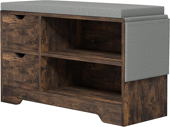 HOMCOM Shoe Bench with Storage, Modern Upholstered Entryway Bench with Open Shelves, Drawers and Pocket for Living Room, Hallway, Rustic Brown
