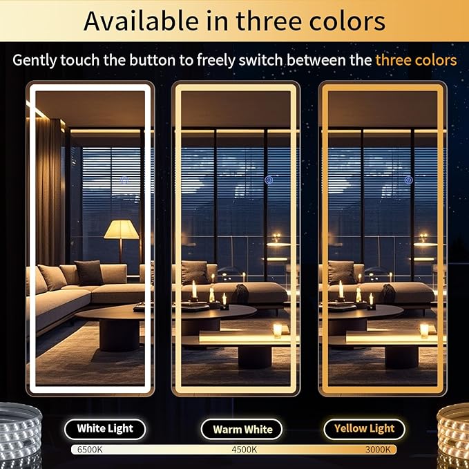 60"x16" LED Full Length Mirror – Standing Floor Mirror with Dimmable Lights 3 Color Modes – Adjustable Brightness, Wall-Mount or Lean for Barber, Fitness Center, Dressing Room, Vanity